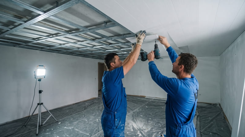 Instalação de forro de PVC em andamento, equipe fixando placas